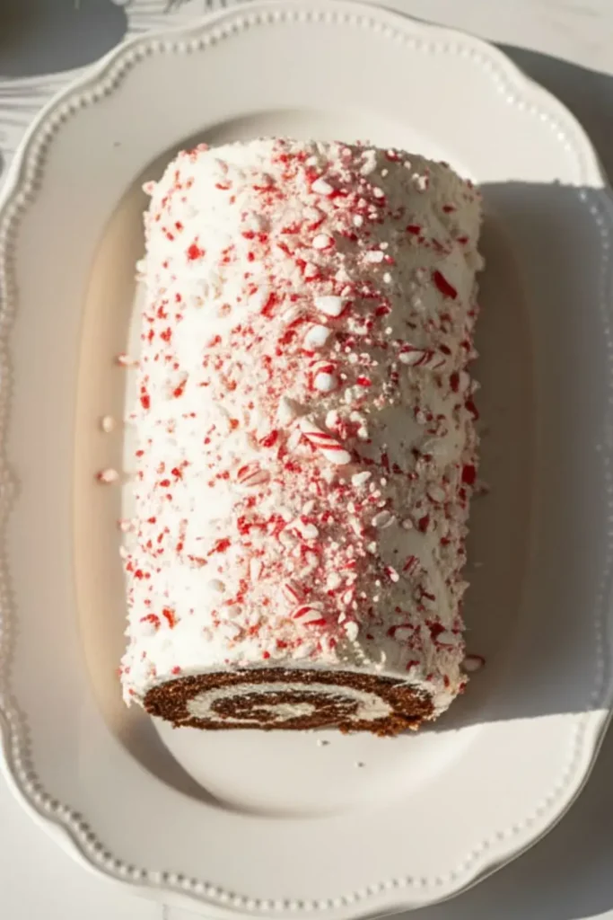 A Chocolate Peppermint Swiss Roll on an elegant white ceramic serving platter