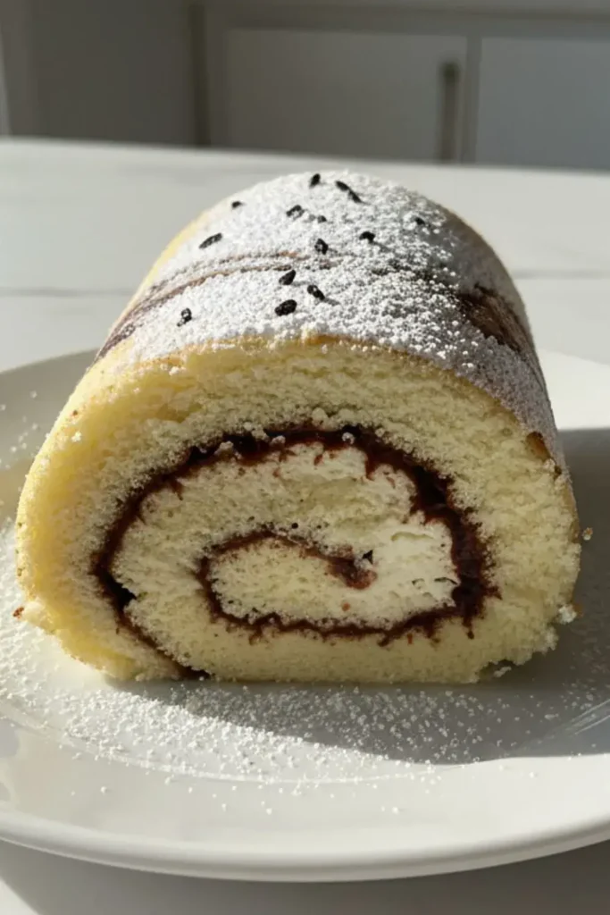 A Vanilla Swiss Roll with Fudge Swirl on a white ceramic dessert plate