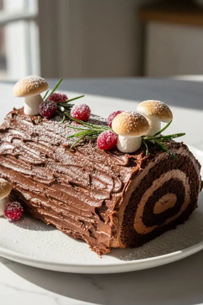 A Yule Log (Buche de Noel) on a white ceramic dessert plate, featuring layers of chocolate sponge cake swirled with chocolate buttercream, decorated with bark-textured chocolate frosting, topped with meringue mushrooms, sugared cranberries, and fresh rosemary sprigs.