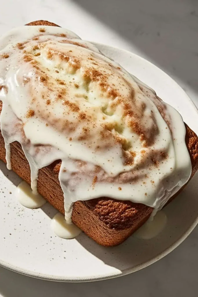 A Vegan Chai Spiced Loaf Cake on a rustic white dessert plate