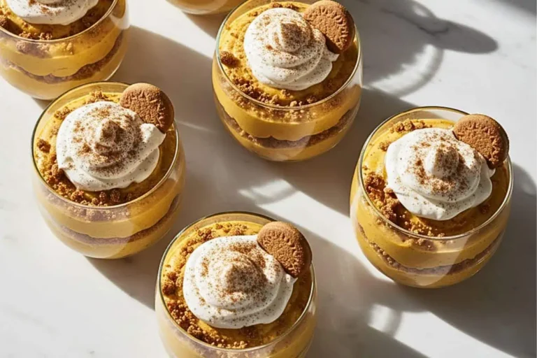 A 10-Minute Pumpkin Mousse Parfaits dessert in clear glass dessert cups