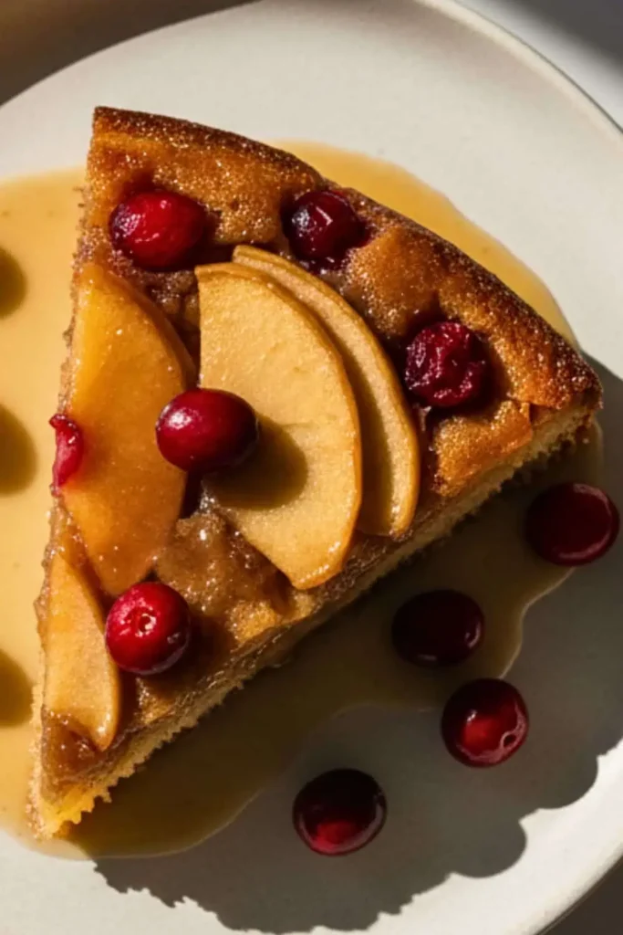 A slice of Apple Cranberry Upside-Down Cake on a cream ceramic dessert plate