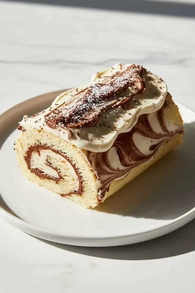 A Vanilla Swiss Roll with Fudge Swirl on a white ceramic dessert plate, featuring layers of vanilla bean cake swirled with marbled vanilla buttercream and chocolate fudge, topped with chocolate shavings and a dusting of powdered sugar.