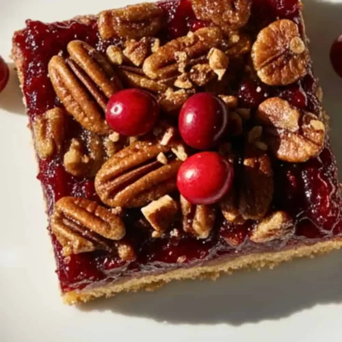 A Single Cranberry Pecan Bar in a white ceramic dessert plate