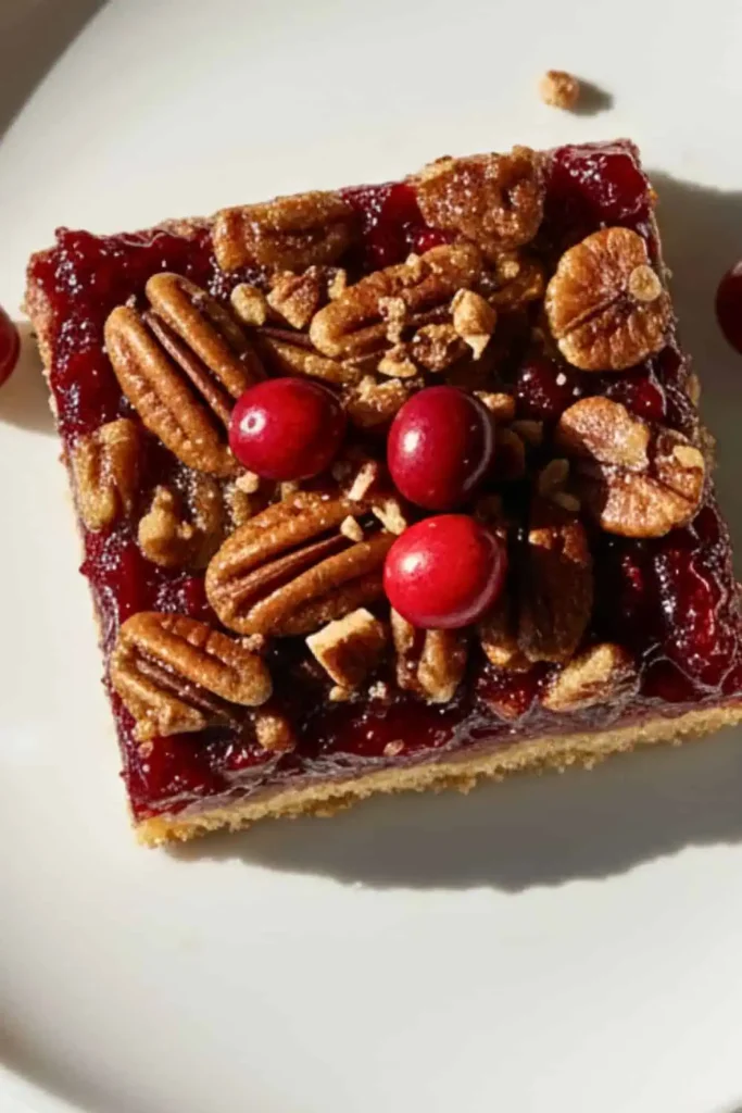 A Single Cranberry Pecan Bar in a white ceramic dessert plate