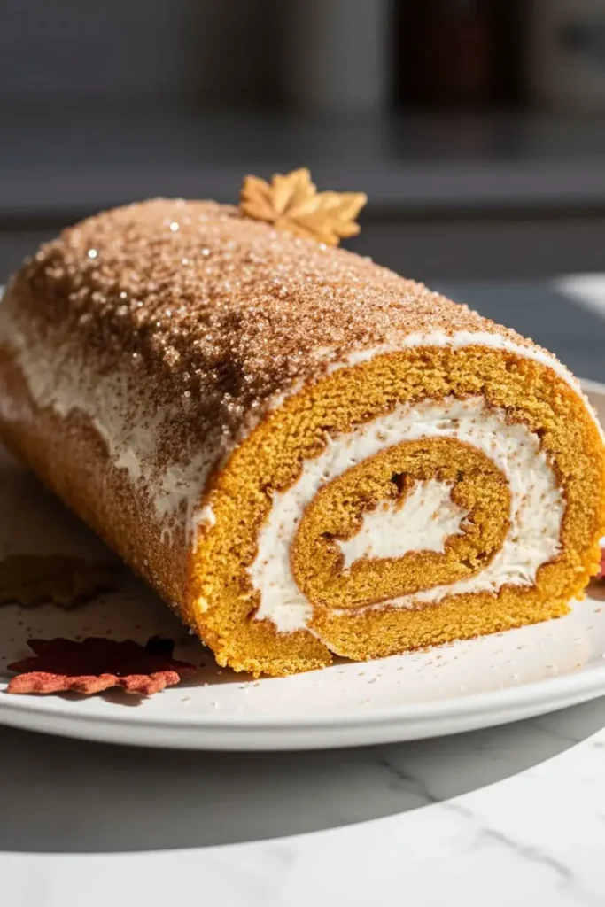 A Pumpkin Spice Swiss Roll on a white ceramic dessert plate, featuring layers of spiced pumpkin cake swirled with cinnamon buttercream, topped with a sprinkle of cinnamon sugar and small autumn leaves for garnish.
