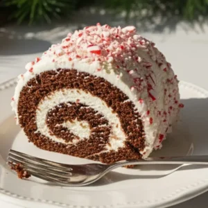 A single slice of Chocolate Peppermint Swiss Roll on a pristine white dessert plate