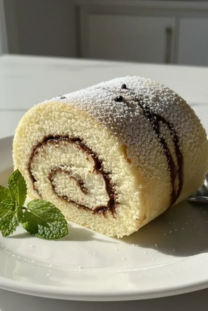 A Vanilla Swiss Roll with Fudge Swirl on a white ceramic dessert plate