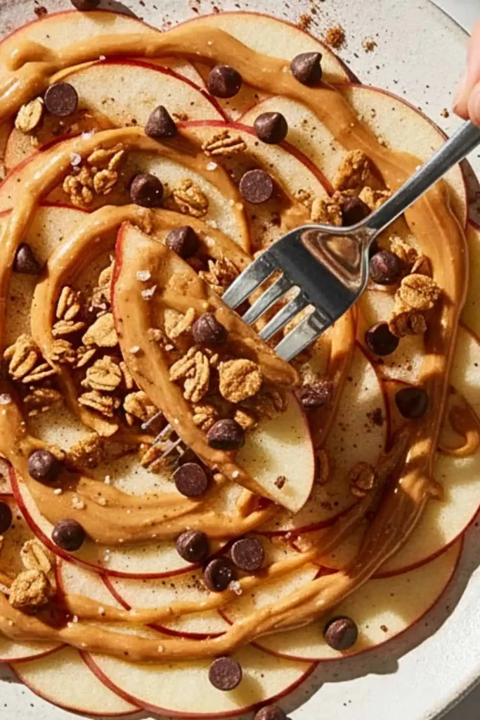 A Cinnamon Apple Nachos dessert in a rustic white ceramic plate, featuring layers of thinly sliced Honeycrisp apples arranged in a circular nacho-style pattern, topped with warm peanut butter drizzle, golden caramel sauce, mini dark chocolate chips, crunchy granola clusters, and a light dusting of cinnamon with sea salt flakes.