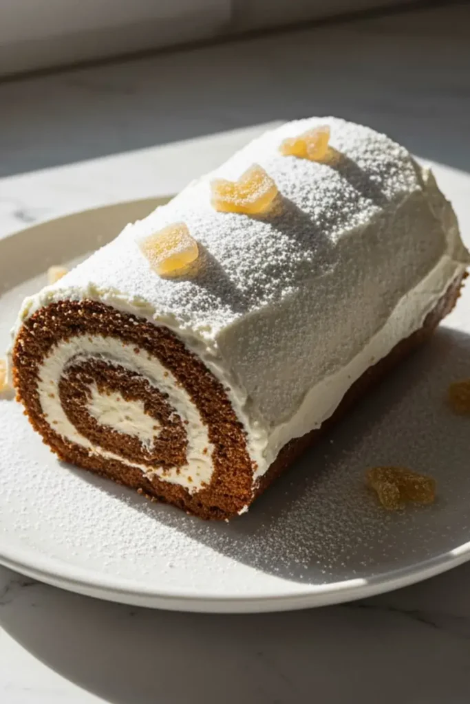 A Gingerbread Swiss Cake Roll on a white ceramic dessert plate, featuring layers of dark molasses gingerbread cake swirled with cream cheese frosting, topped with a dusting of powdered sugar and candied ginger pieces.