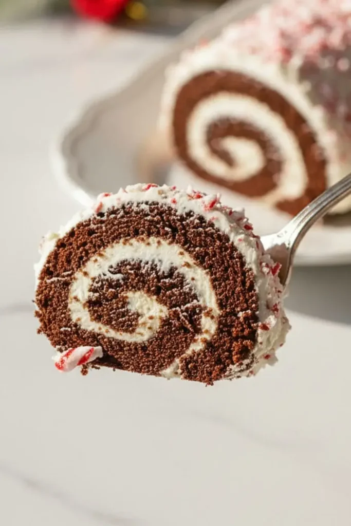 A Chocolate Peppermint Swiss Roll bite on a silver dessert fork held in mid-air