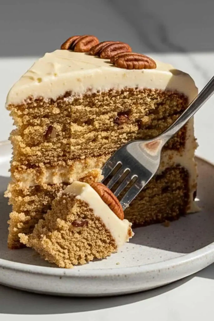 A Maple Pecan Cake, featuring two layers of golden-brown buttery cake with visible toasted pecan pieces, frosted with smooth maple buttercream and decorated with whole toasted pecans on top and pressed around the sides.