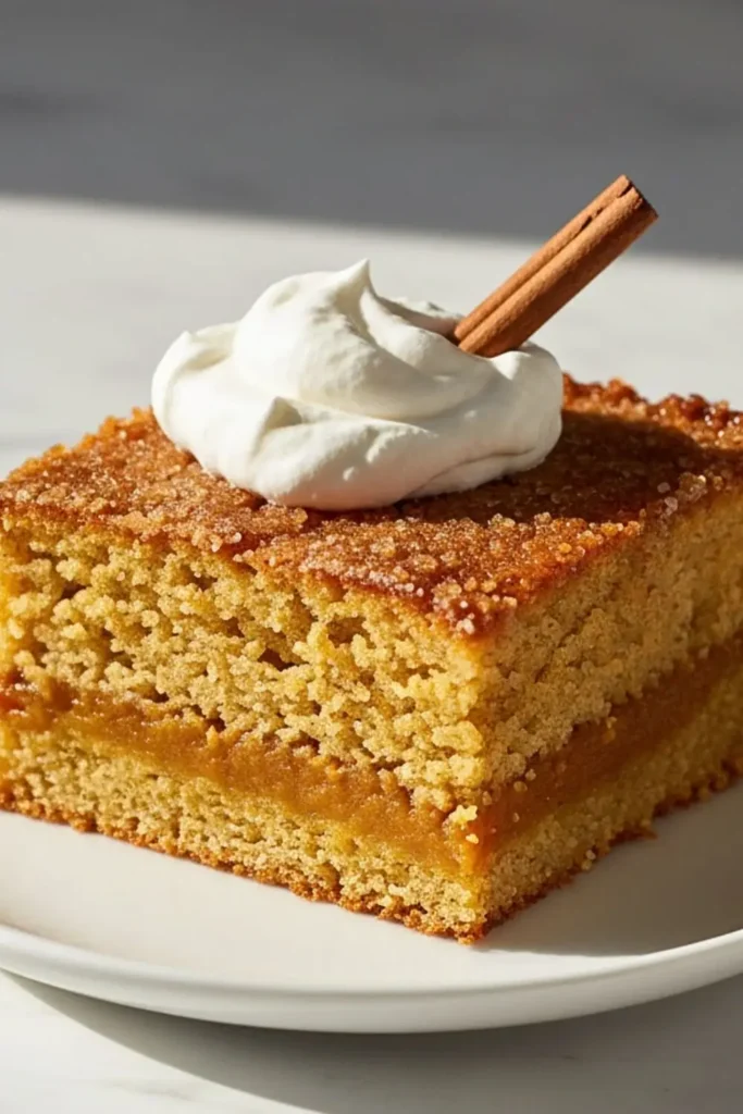 A slice of pumpkin dump cake on a white dessert plate