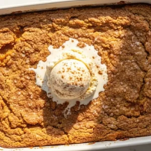 A pumpkin dump cake in a white ceramic baking dish,