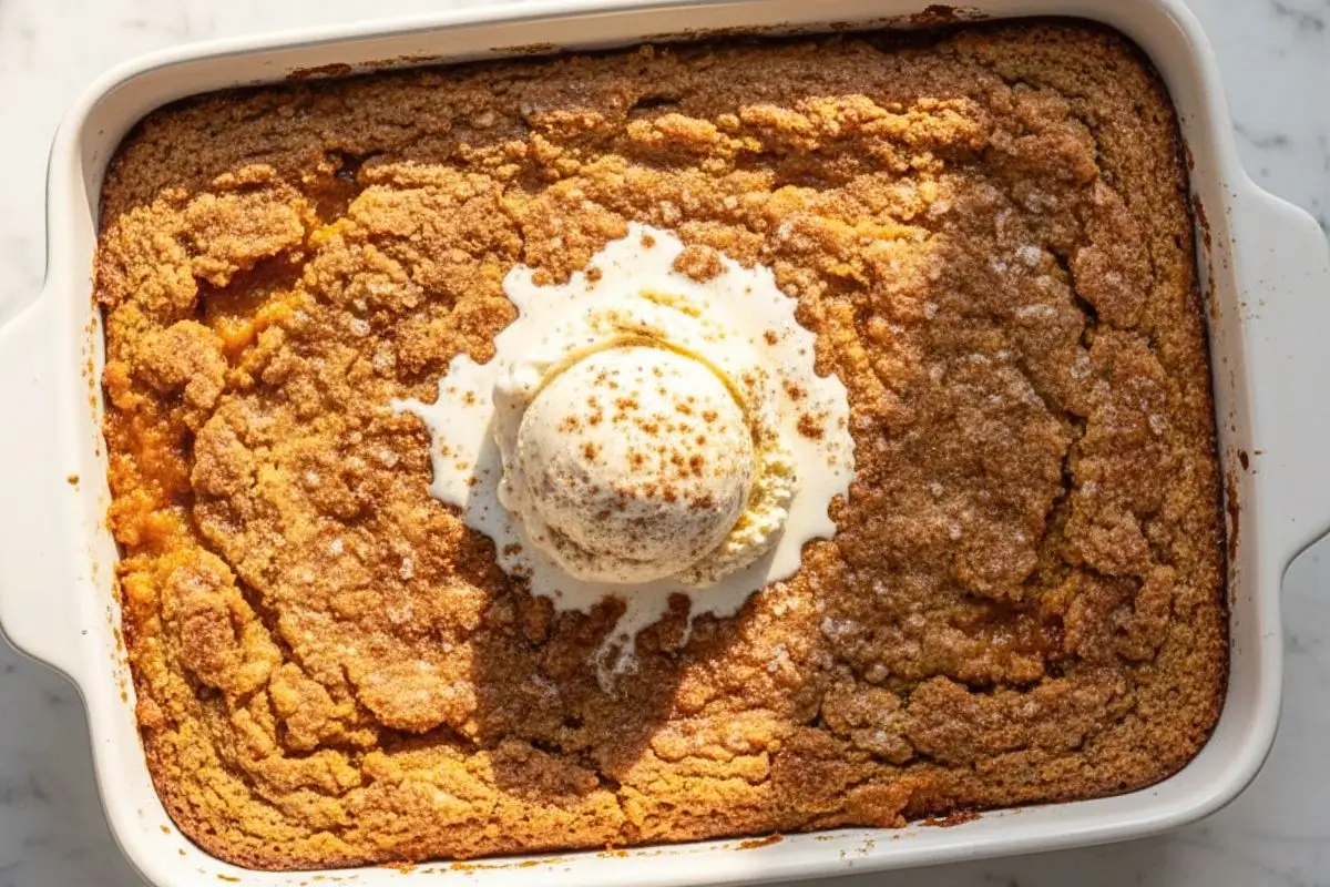 A pumpkin dump cake in a white ceramic baking dish,