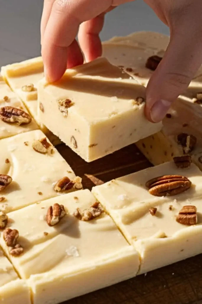 A woman hand taken a maple fudge slice