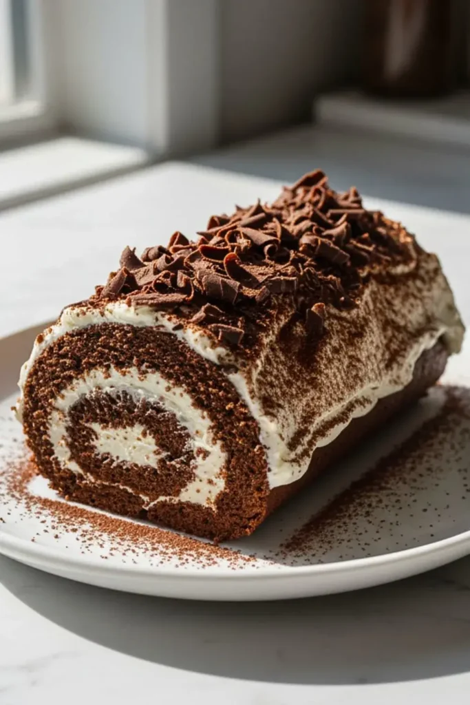 A Chocolate Cake Roll on a white ceramic dessert plate, featuring layers of rich chocolate sponge cake swirled with whipped cream filling, topped with a dusting of cocoa powder and chocolate shavings.