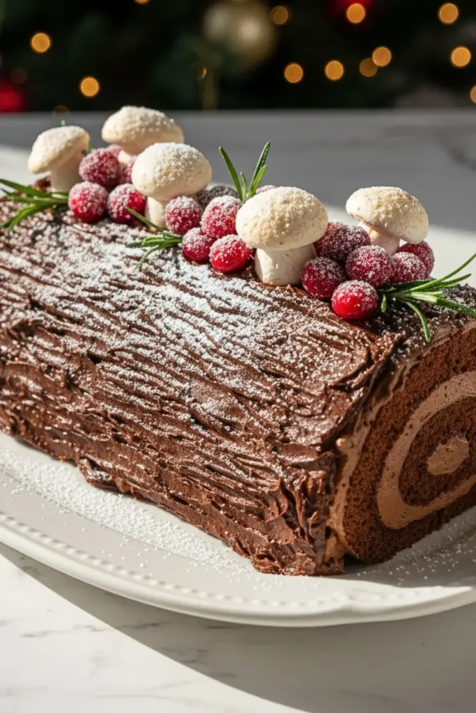 A Yule Log Recipe (Buche de Noel) on an elegant white ceramic platter