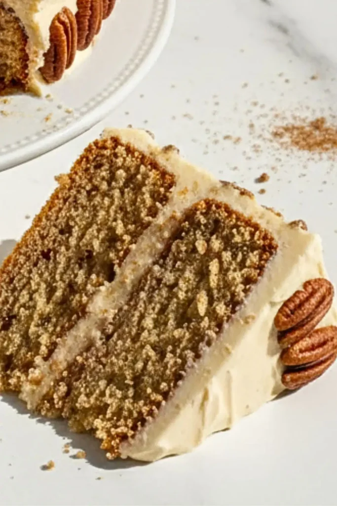 A Maple Pecan Cake, featuring two layers of golden-brown buttery cake with visible toasted pecan pieces, frosted with smooth maple buttercream and decorated with whole toasted pecans on top and pressed around the sides.