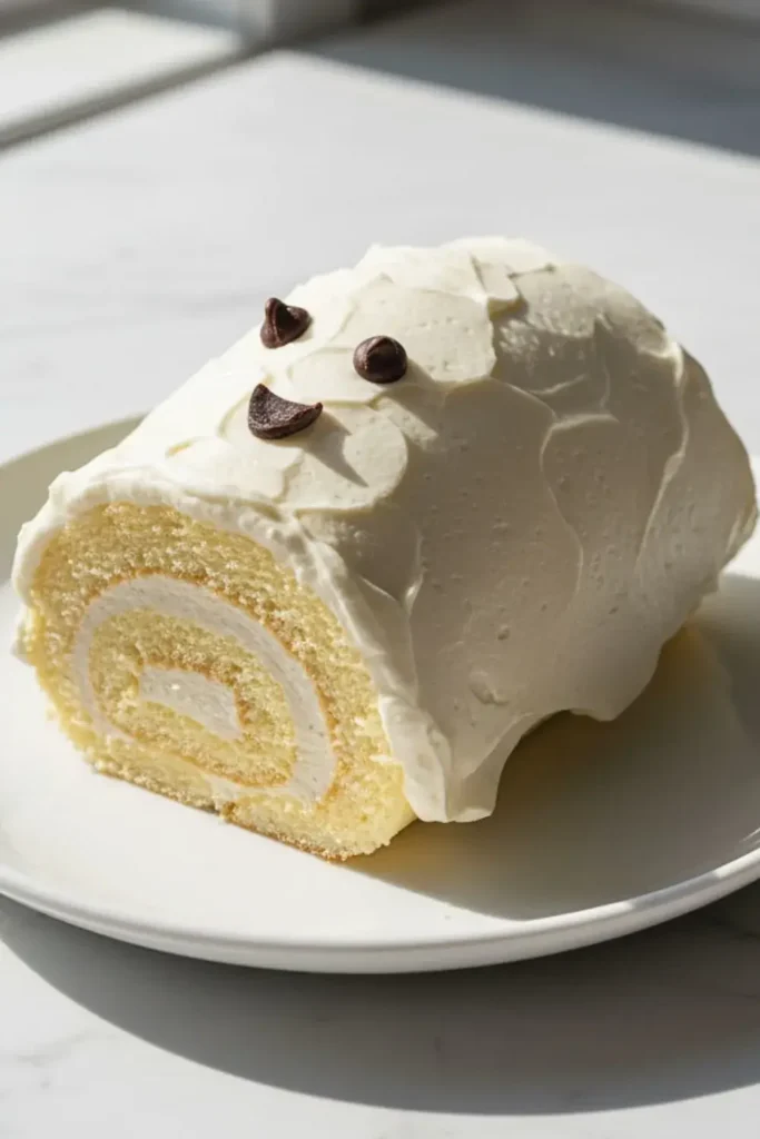 A Halloween Ghost Swiss Roll on a white ceramic dessert plate, featuring layers of vanilla cake swirled with vanilla buttercream, decorated with white frosting to resemble a ghost with chocolate chip eyes and mouth.