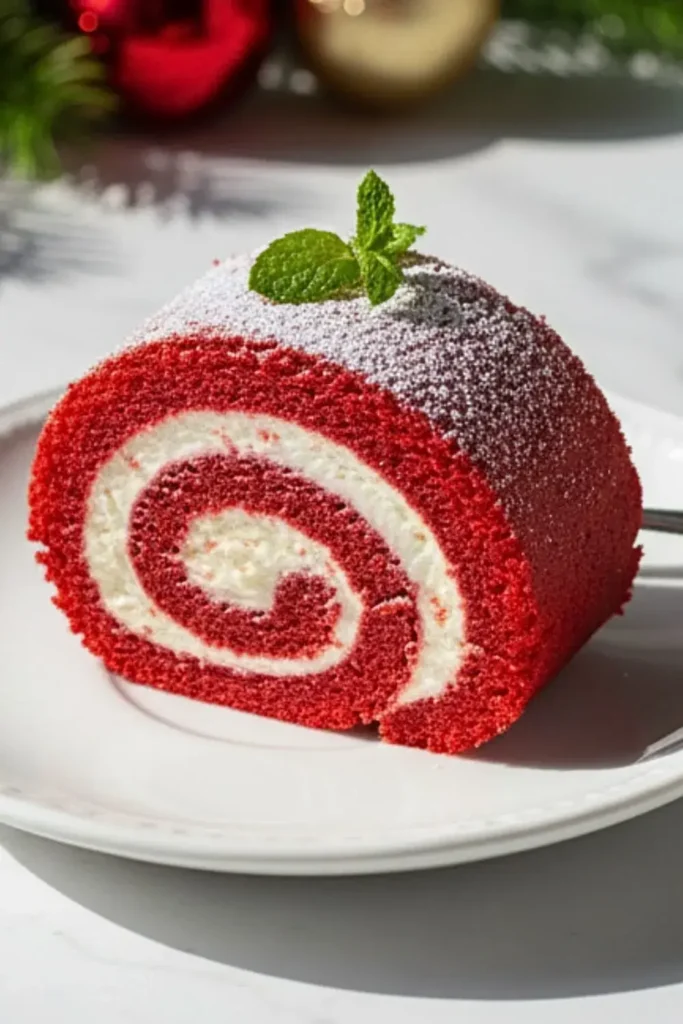 A single slice of Red Velvet Swiss Roll with Cream Cheese Frosting on a white dessert plate