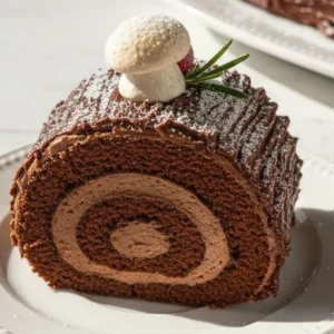 A Yule Log Recipe (Buche de Noel) on an elegant white ceramic platter