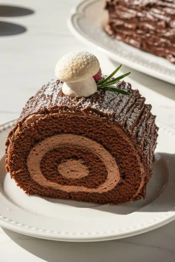 A Yule Log Recipe (Buche de Noel) on an elegant white ceramic platter