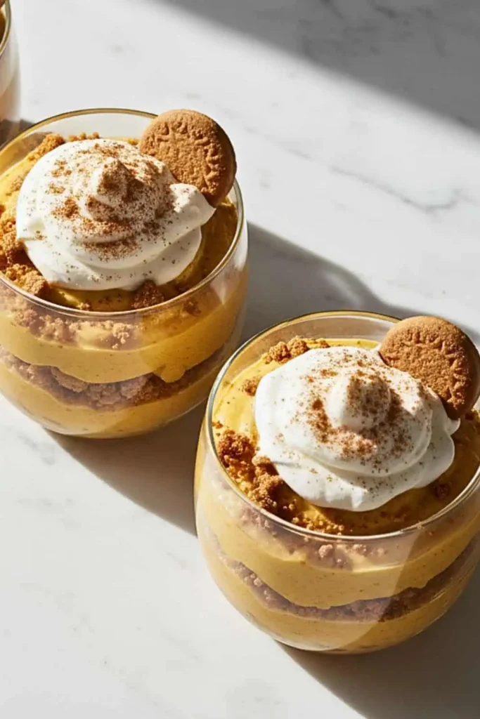 A 10-Minute Pumpkin Mousse Parfaits dessert in clear glass dessert cups