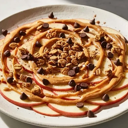 A Cinnamon Apple Nachos dessert in a rustic white ceramic plate, featuring layers of thinly sliced Honeycrisp apples arranged in a circular nacho-style pattern, topped with warm peanut butter drizzle, golden caramel sauce, mini dark chocolate chips, crunchy granola clusters, and a light dusting of cinnamon with sea salt flakes.