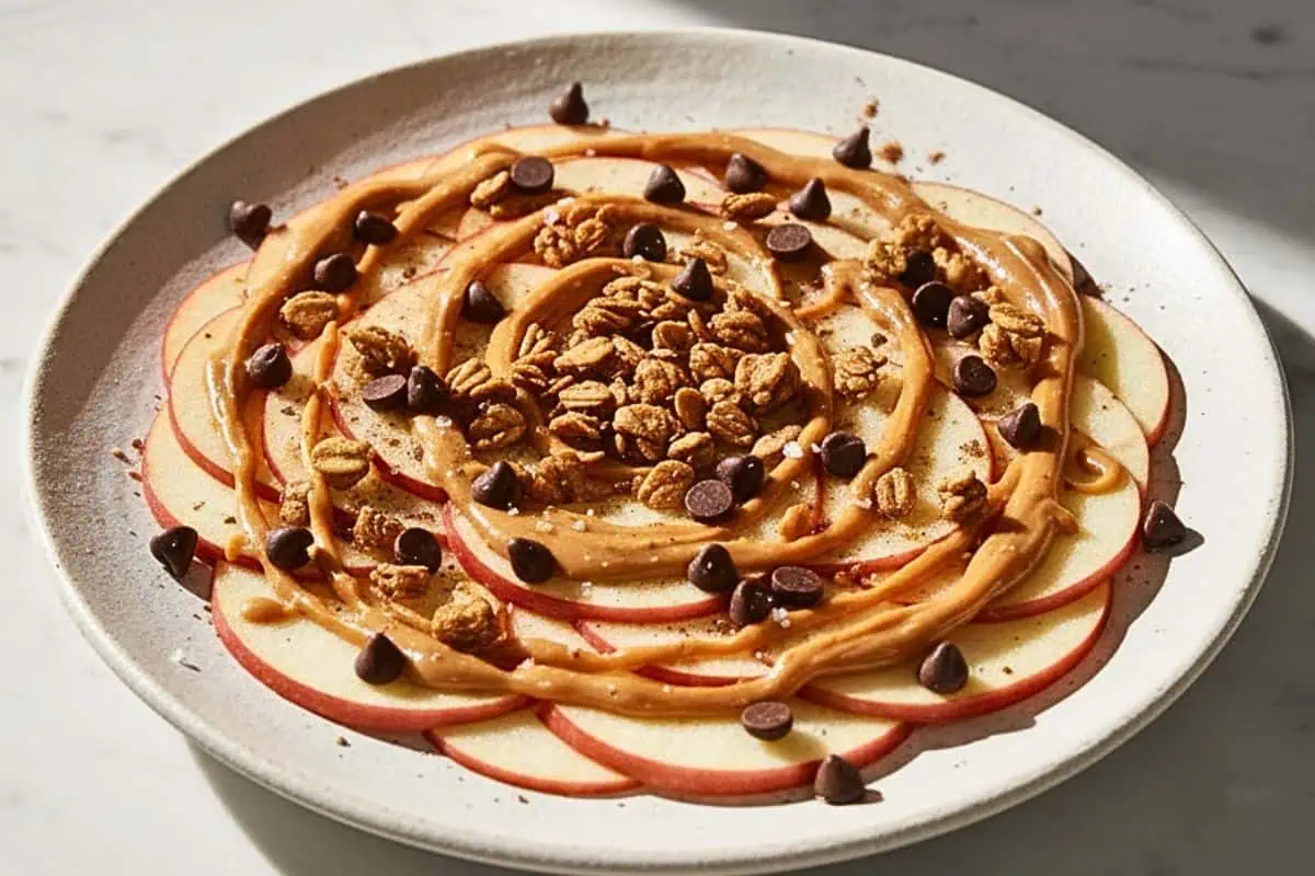 A Cinnamon Apple Nachos dessert in a rustic white ceramic plate, featuring layers of thinly sliced Honeycrisp apples arranged in a circular nacho-style pattern, topped with warm peanut butter drizzle, golden caramel sauce, mini dark chocolate chips, crunchy granola clusters, and a light dusting of cinnamon with sea salt flakes.