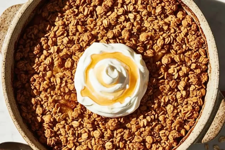 A Healthy Baked Apple Crisp in a rustic ceramic baking dish