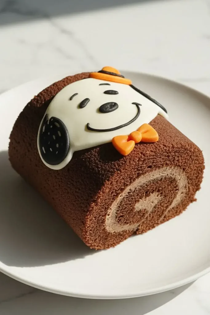 A Snoopy Halloween Swiss Roll on a white ceramic dessert plate, featuring layers of chocolate cake swirled with chocolate buttercream, decorated with white and black fondant to create Snoopy's face in Halloween costume with orange accents.