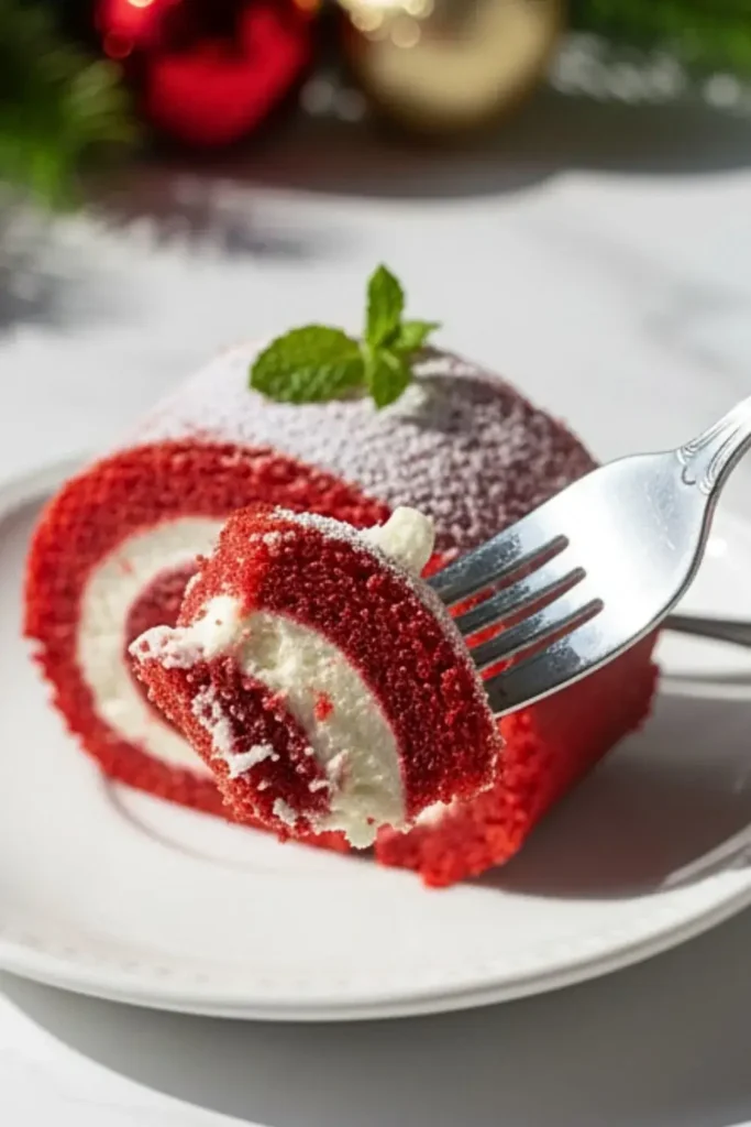A fork holding a bite-sized piece of Red Velvet Swiss Roll with Cream Cheese Frosting