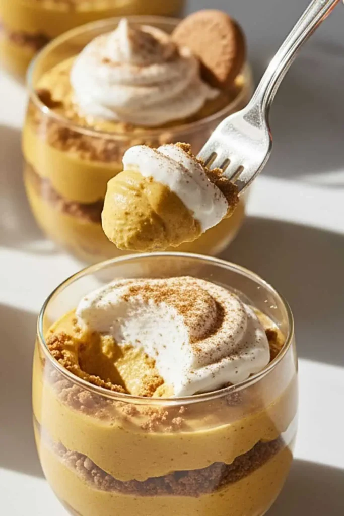 A 10-Minute Pumpkin Mousse Parfaits dessert in clear glass dessert cups