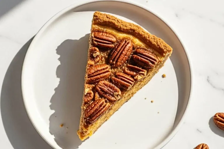 Single Slice of Sweet Potato Pecan Pie on a white ceramic plate