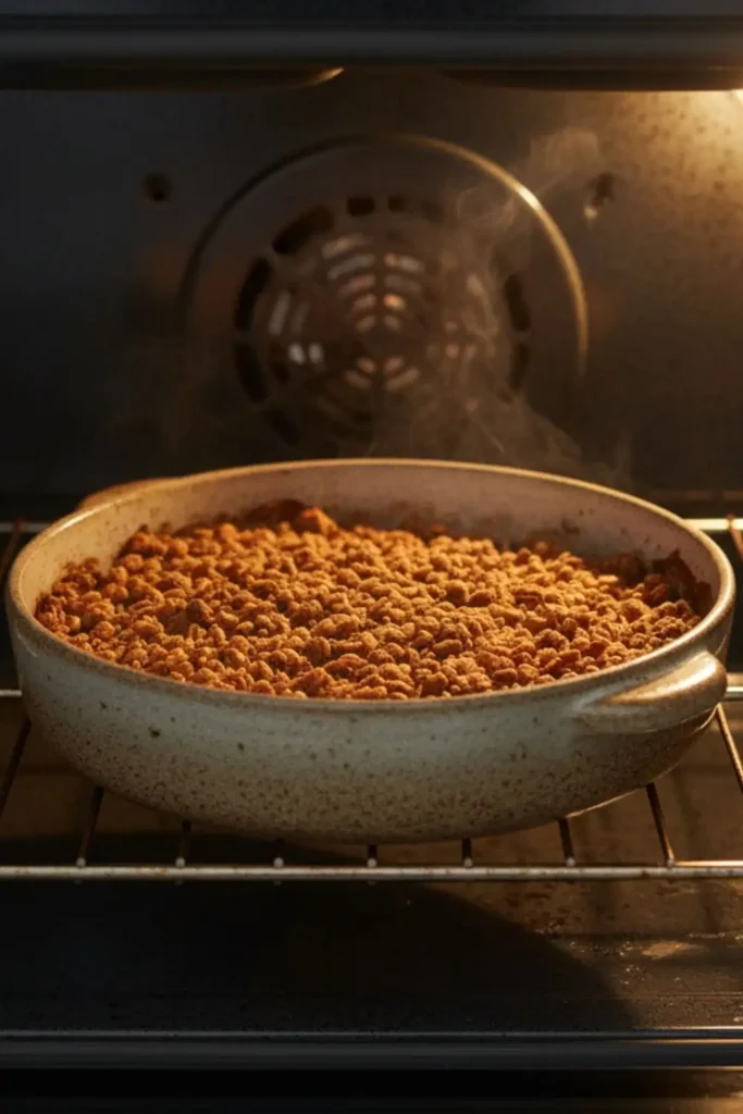A Healthy Baked Apple Crisp in a rustic ceramic baking dish inside oven