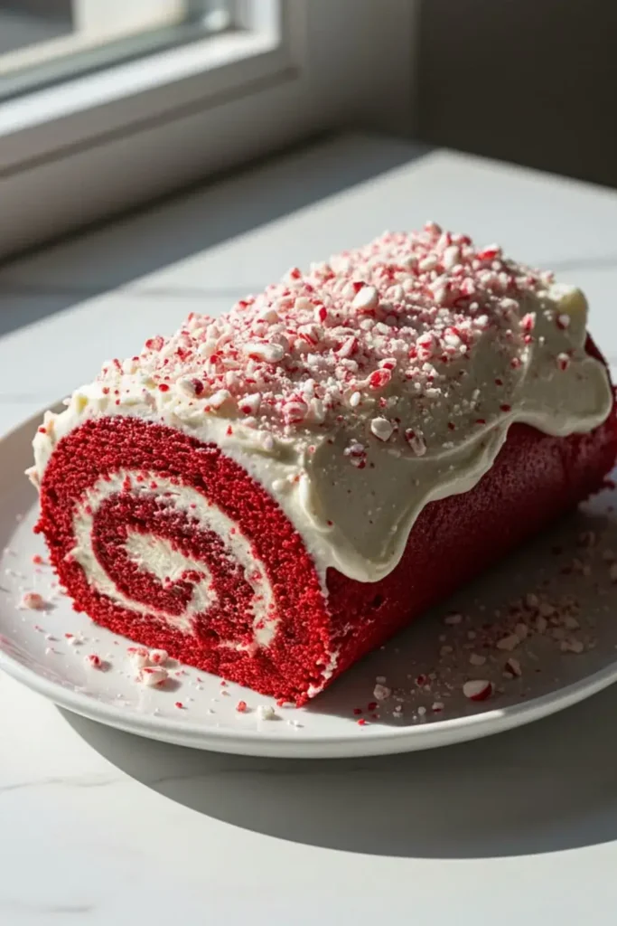 A Red Velvet Cake Roll with Peppermint Buttercream on a white ceramic dessert plate, featuring layers of vibrant red velvet cake swirled with peppermint buttercream, topped with crushed candy canes and a light dusting of powdered sugar.