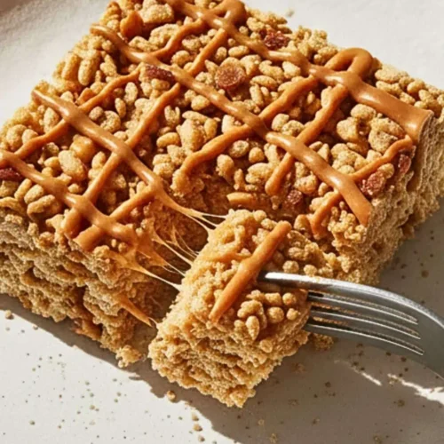 A Sigle slice of Caramel Apple Rice Crispy Treats dessert in a ceramic plate