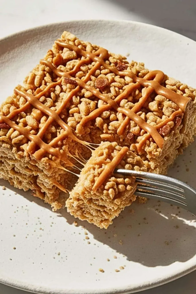 A Sigle slice of Caramel Apple Rice Crispy Treats dessert in a ceramic plate