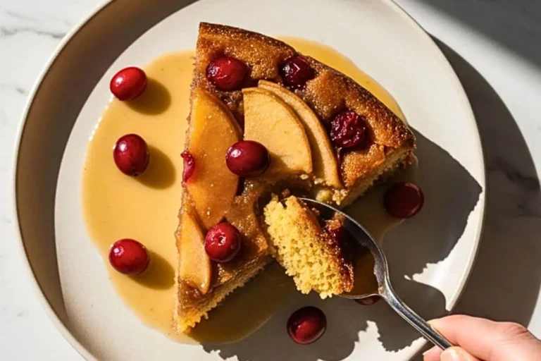 A slice of Apple Cranberry Upside-Down Cake on a cream ceramic dessert plate