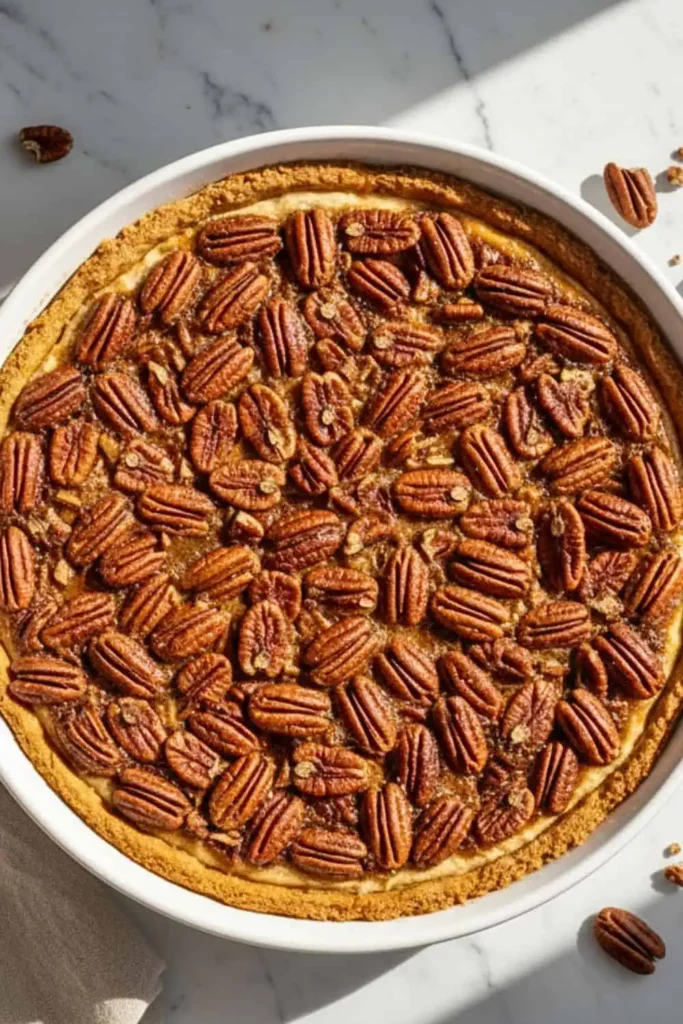 Sweet Potato Pecan Pie on a white ceramic pie dish