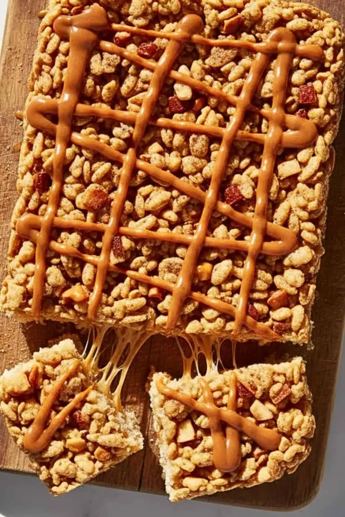 A Caramel Apple Rice Crispy Treats dessert in a rustic wooden board, featuring layers of golden crispy rice cereal bars studded with caramel bits and chopped dried apples, topped with glossy caramel drizzle and a light dusting of cinnamon.