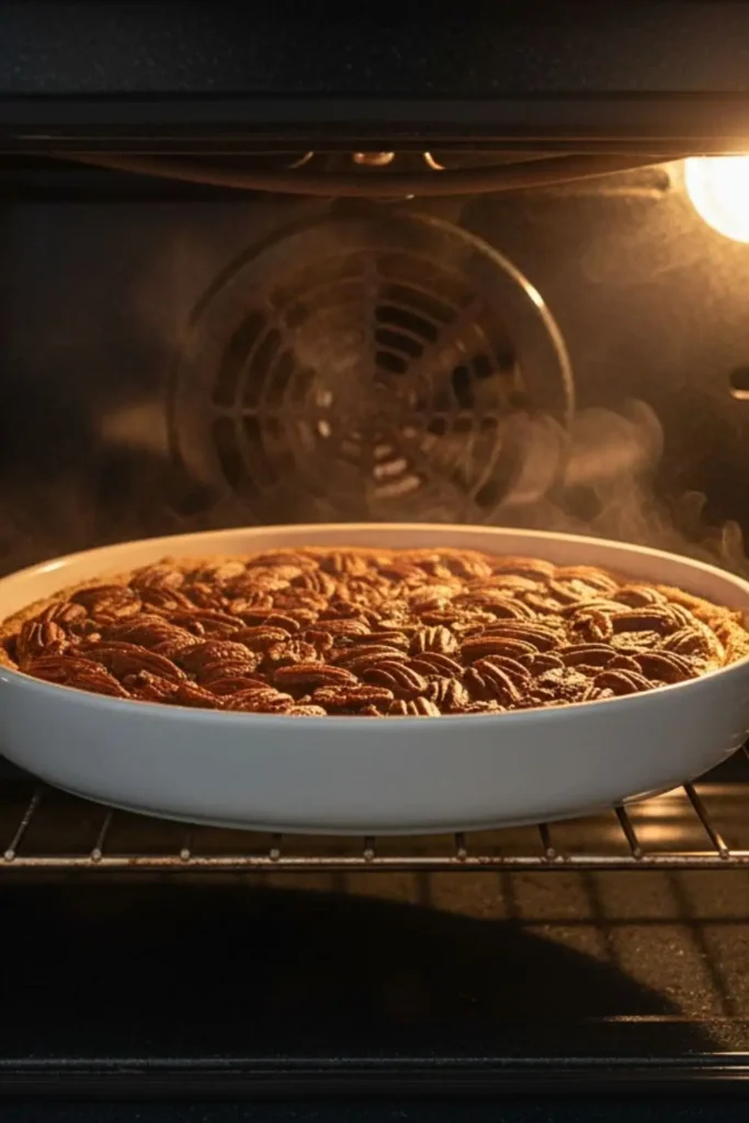 Sweet Potato Pecan Pie on a white ceramic pie dish inside oven
