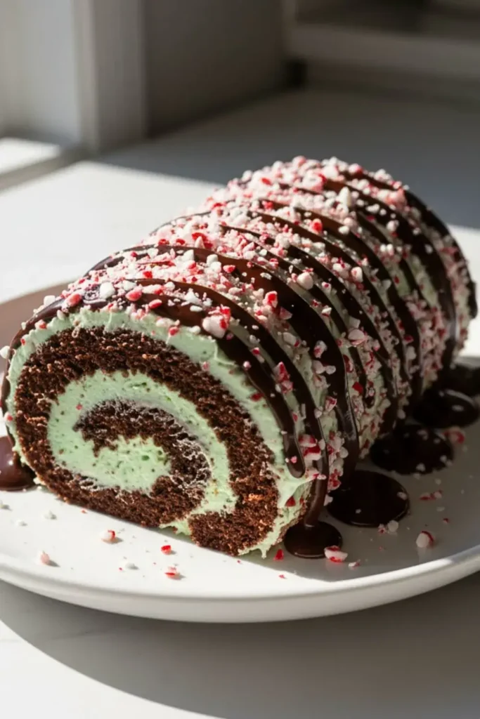 A Chocolate Peppermint Swiss Roll on a white ceramic dessert plate, featuring layers of deep chocolate sponge cake swirled with peppermint cream filling, topped with crushed candy canes and chocolate drizzle.