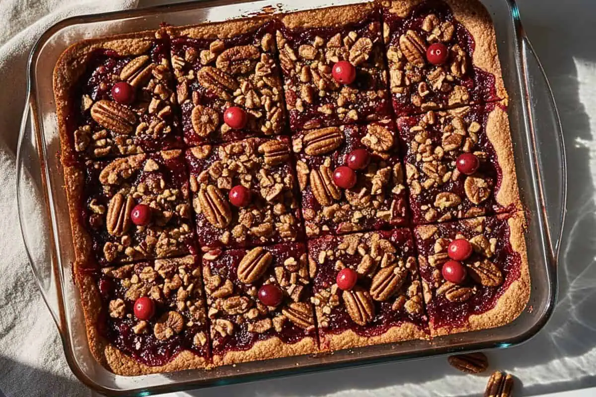 A Cranberry Pecan Bars in a 8x8-inch baking pan