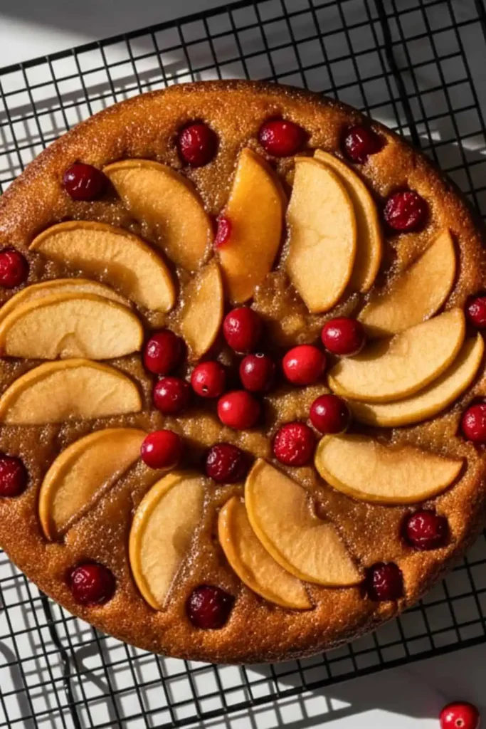 An Apple Cranberry Upside-Down Cake on cooling rack