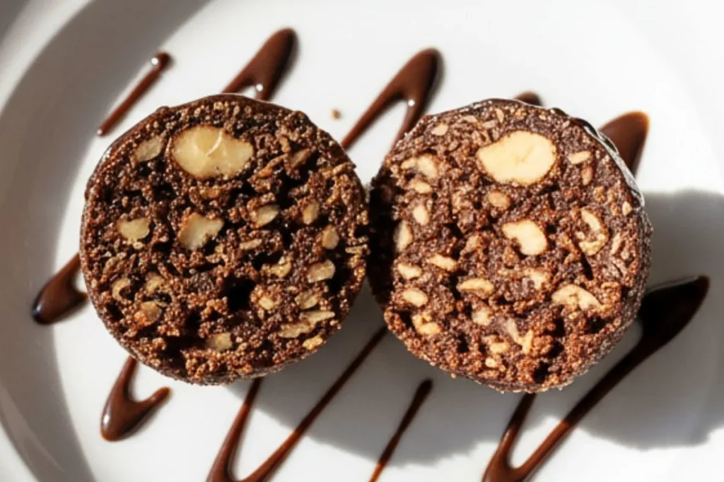 A Single Almond Joy Protein Ball in a ceramic dessert plate