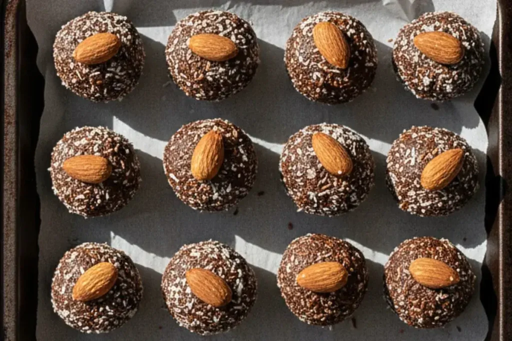 Almond Joy Protein Balls in a baking sheet