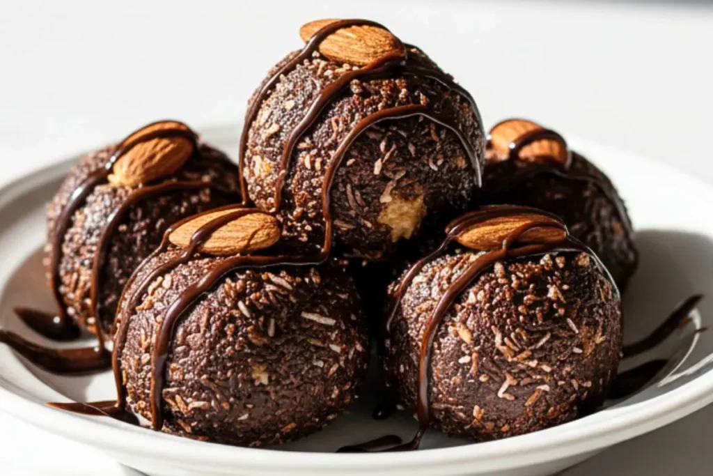 Almond Joy Protein Balls in a ceramic dessert plate