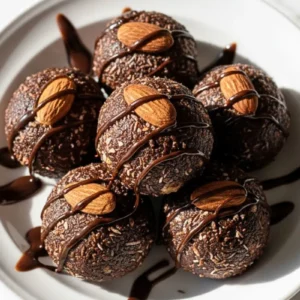 Almond Joy Protein Balls in a ceramic dessert plate